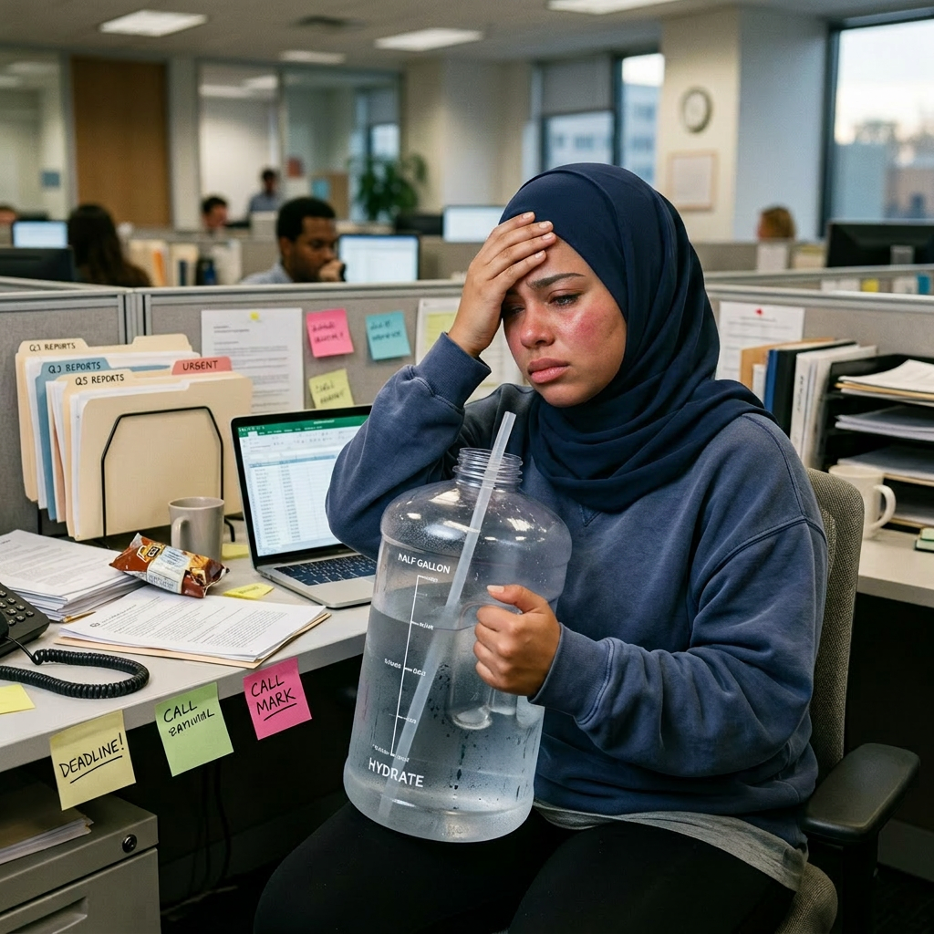 stressed office worker holding a large water jug and touching forehead